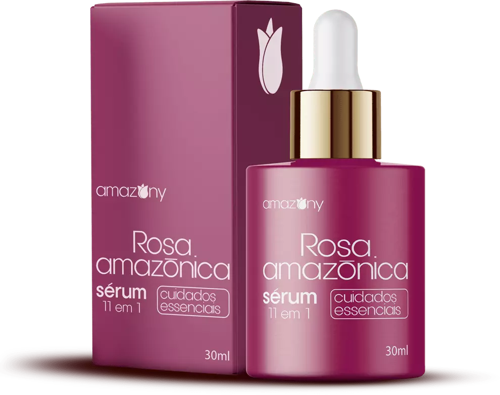 Frasco do sérum Rosa Amazônica em destaque